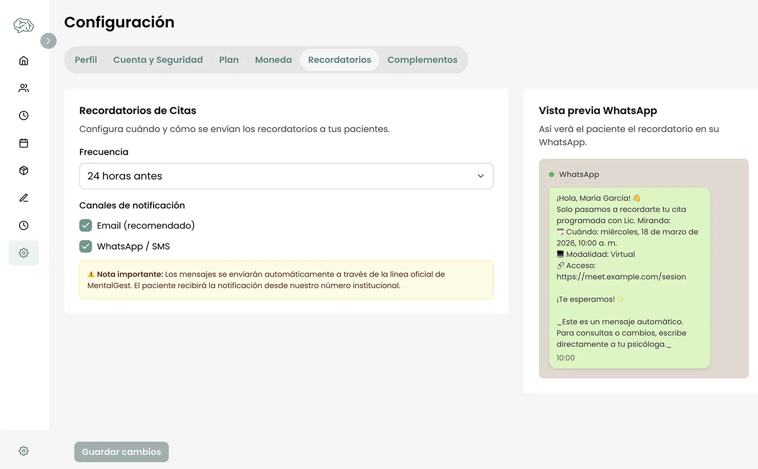 Recordatorios por WhatsApp y email