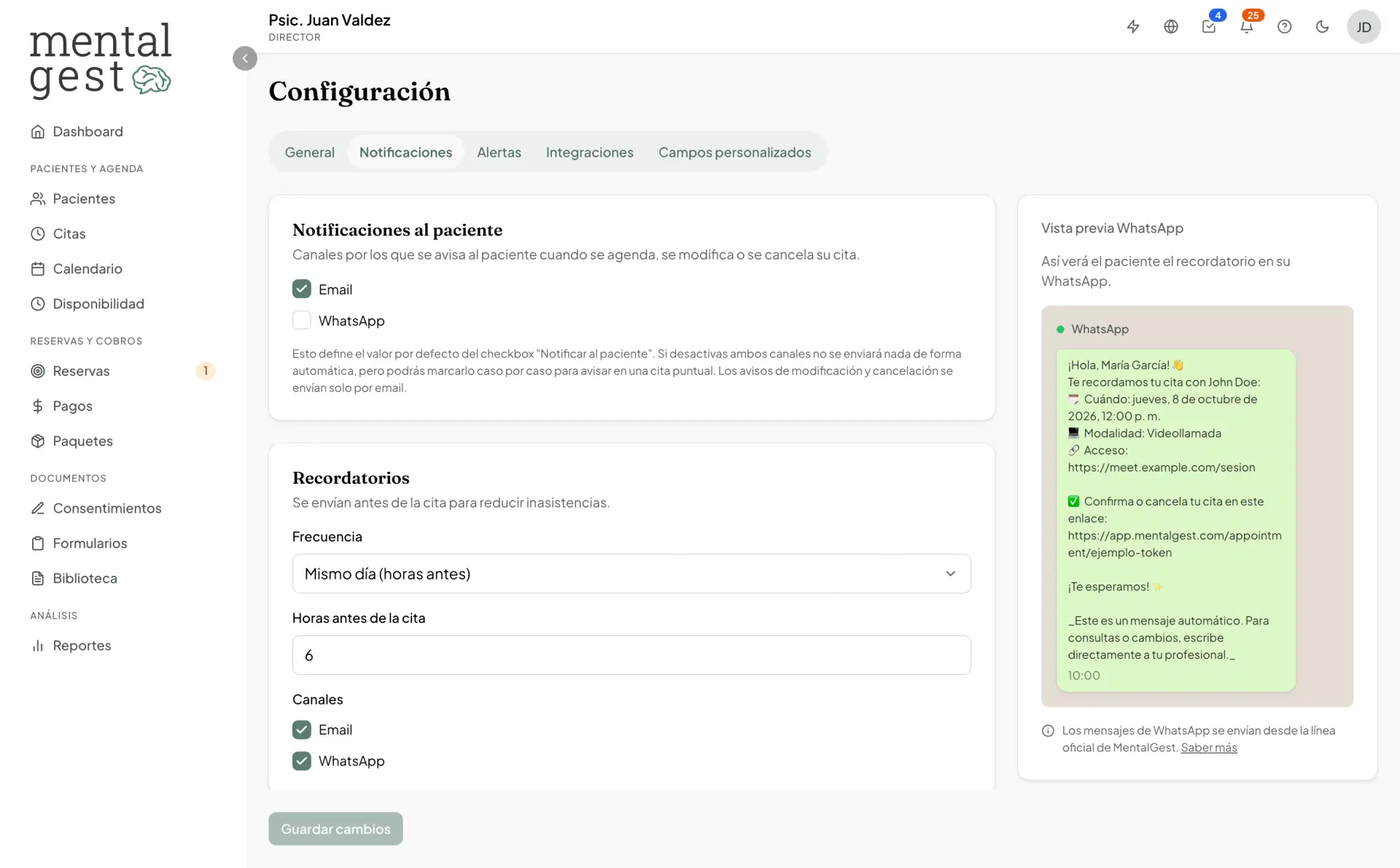 Confirmaciones y recordatorios por WhatsApp y email