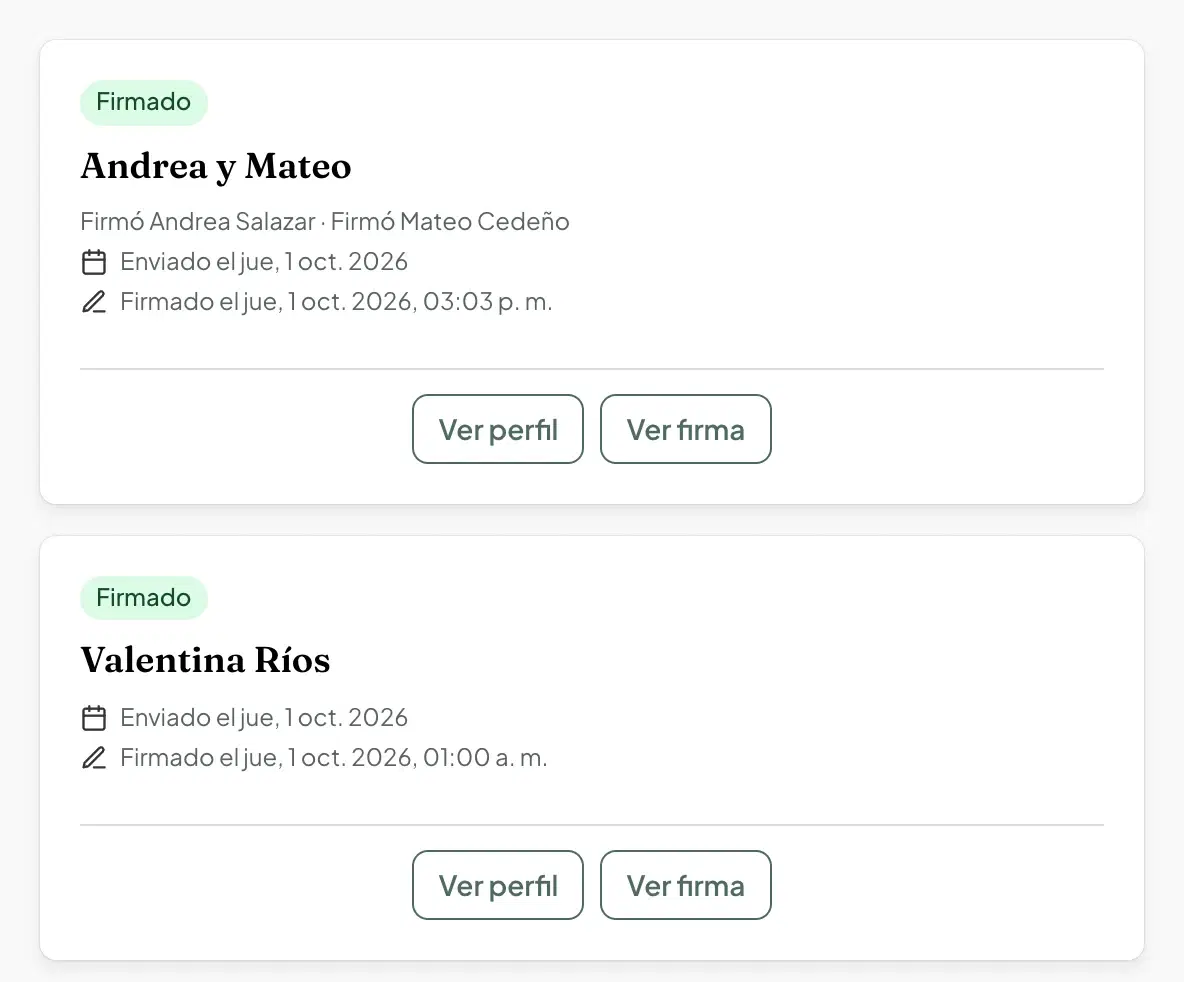 Lista de consentimientos informados firmados en MentalGest, con fecha de envío y de firma