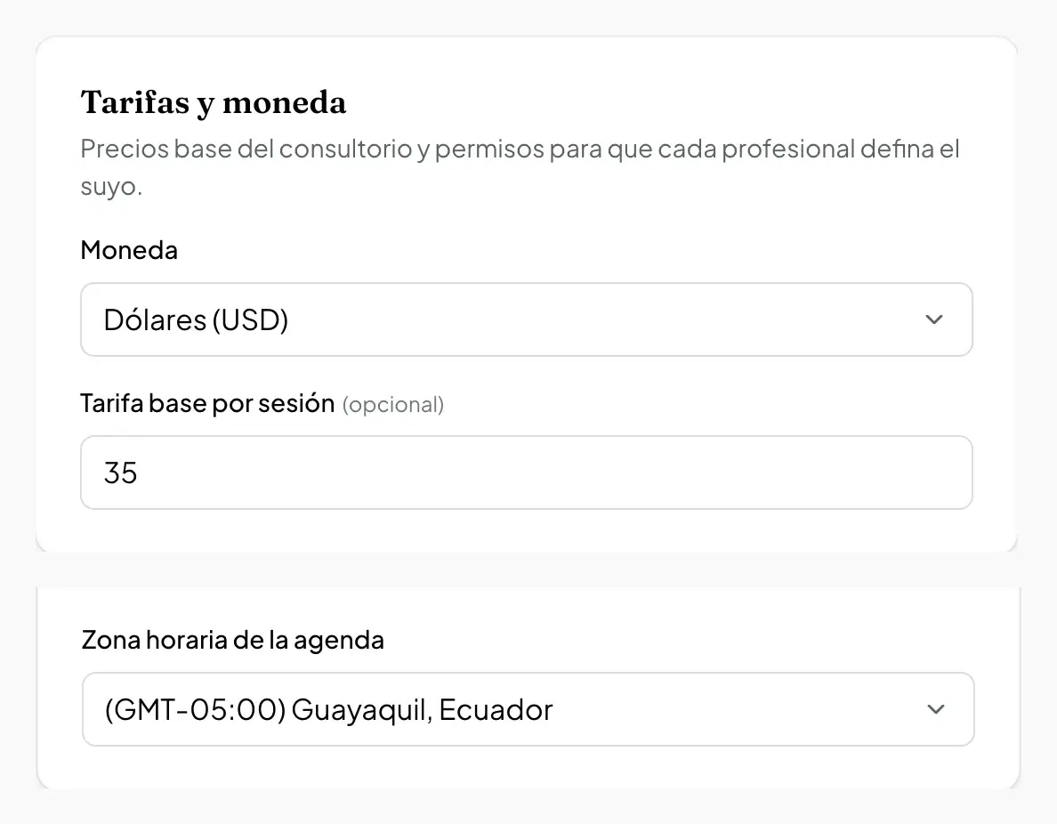 Configuración de MentalGest con el dólar como moneda y la zona horaria de Guayaquil, Ecuador