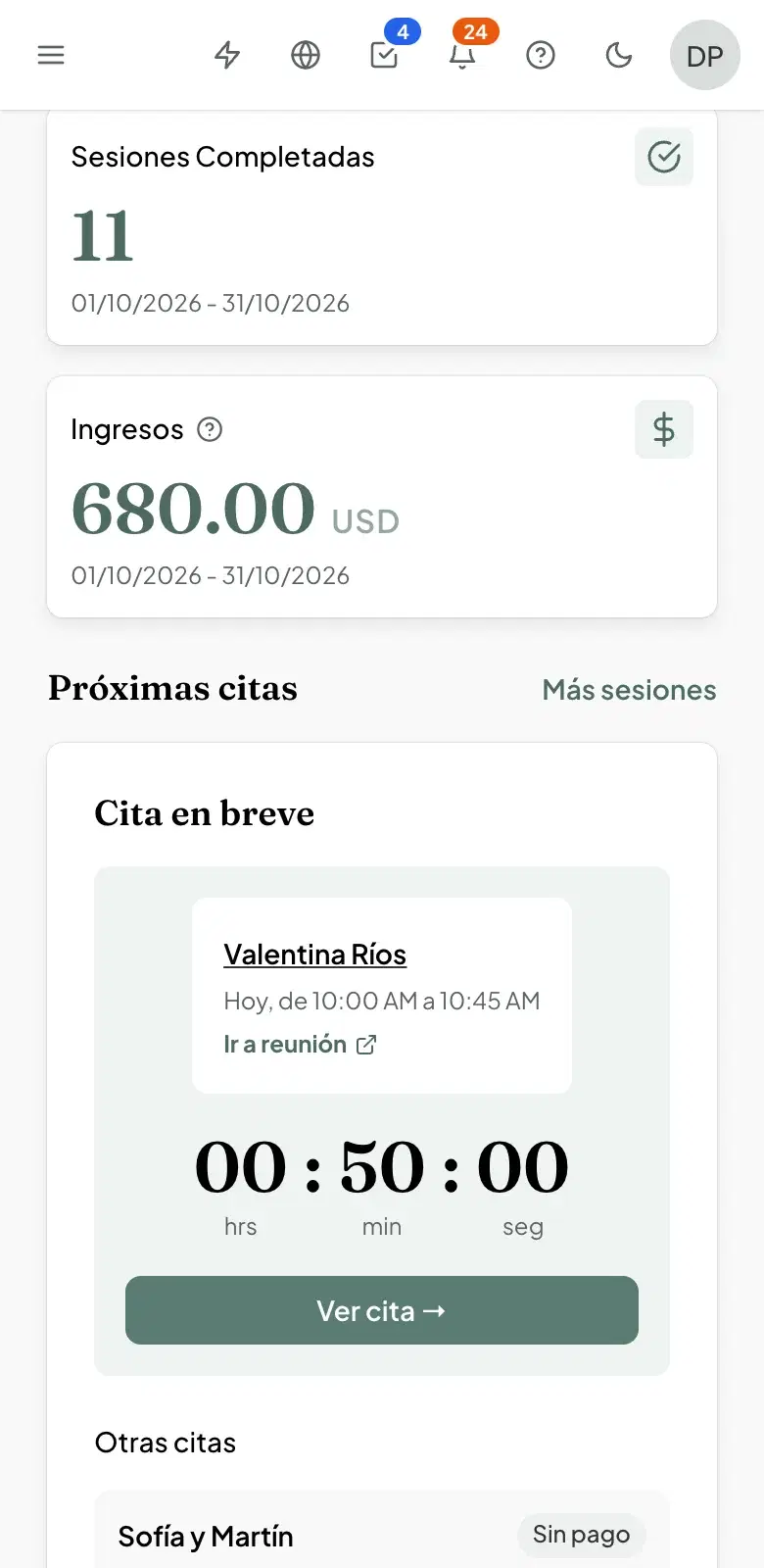 MentalGest en el celular, con la próxima cita del día