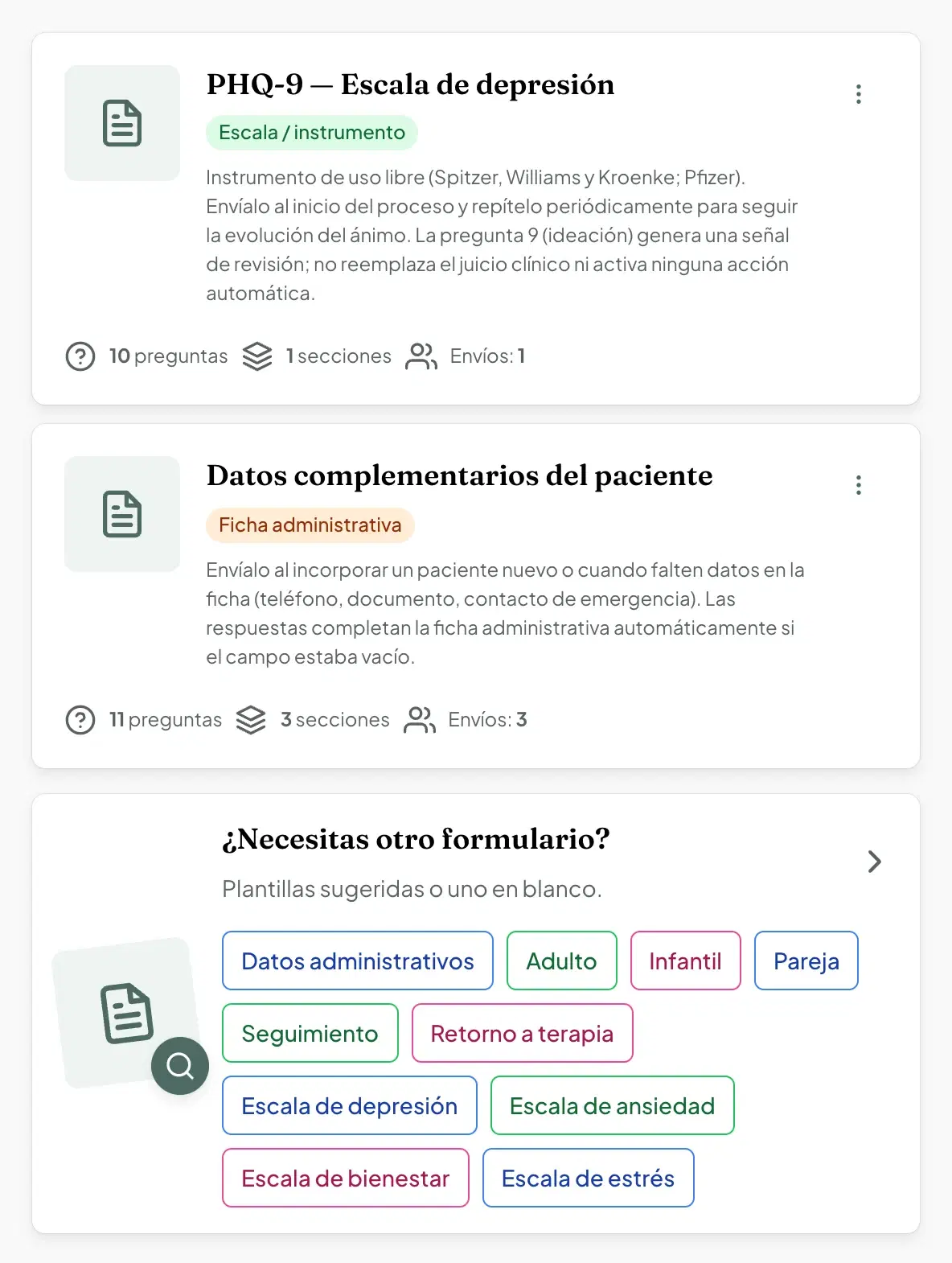 Formularios y escalas en MentalGest: PHQ-9, datos del paciente y plantillas de ansiedad, bienestar y estrés