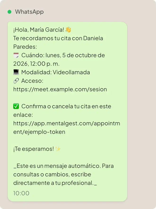 Recordatorio de cita por WhatsApp enviado desde MentalGest, con enlace para confirmar o cancelar