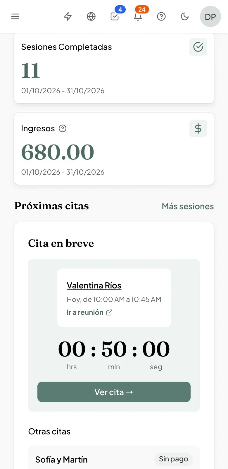 MentalGest en el celular, con la próxima cita del día