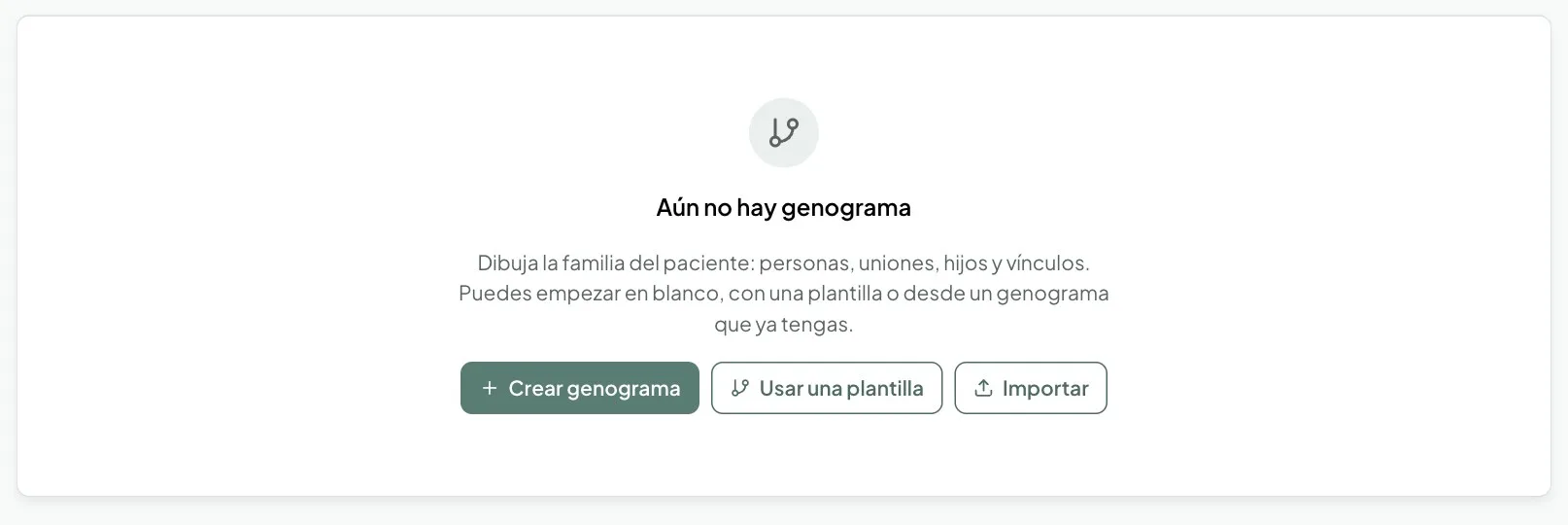 Pantalla de MentalGest de una ficha sin genograma, con los botones Crear genograma, Usar una plantilla e Importar