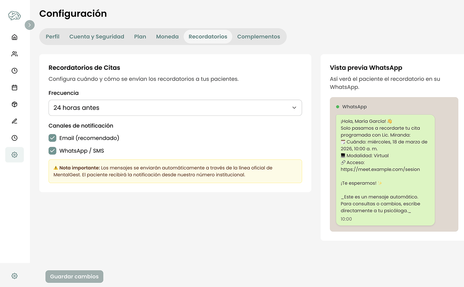 Recordatorios por WhatsApp y email